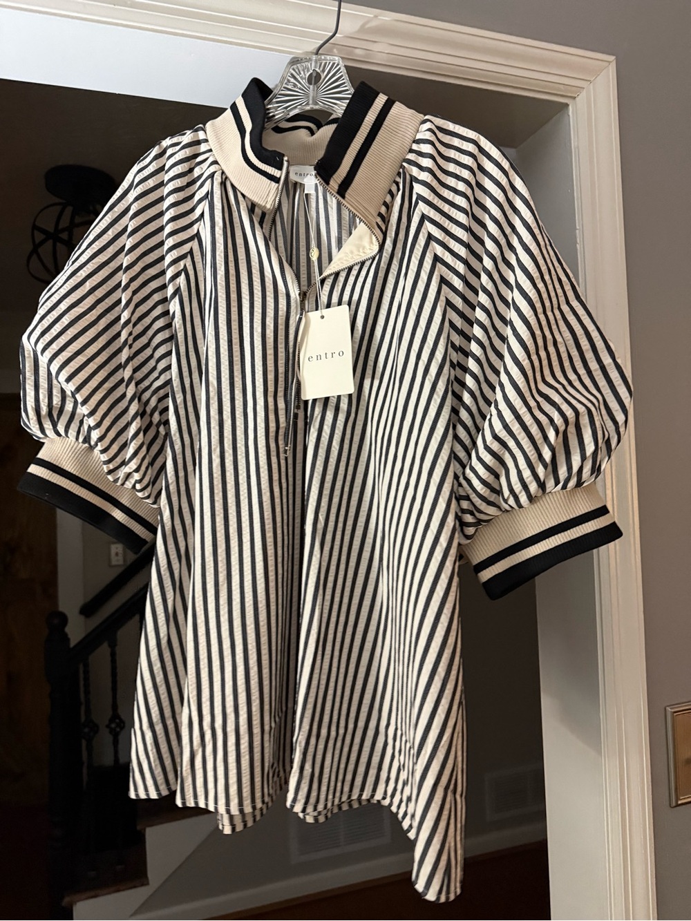 entro Black & White Striped Short Sleeve Polo Jacket